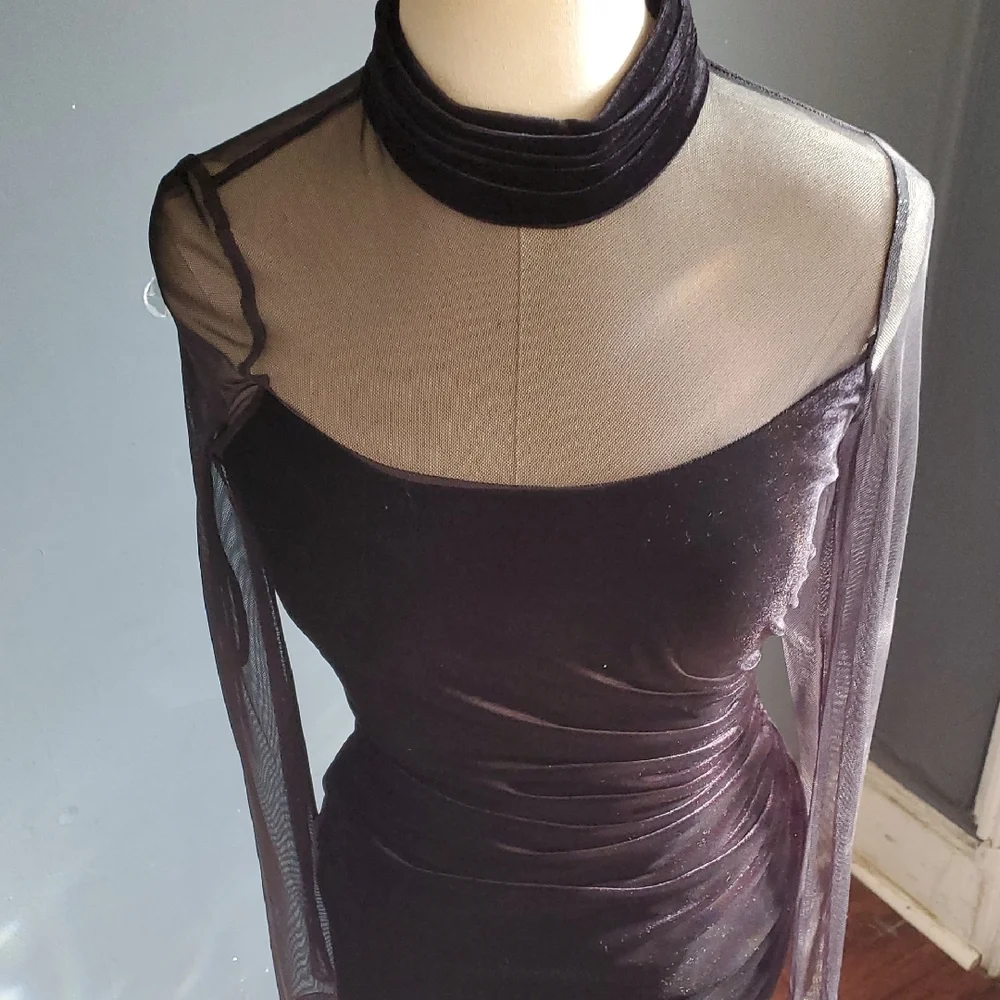 Nwot Eliza J Black Velvet Ruched Long Sleeve Cocktail Gown - Picture 2 of 15